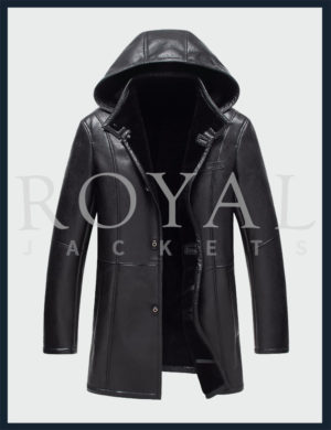 Mens Black Leather Coat with Hat