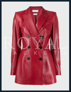 Double Breast Red Long leather jacket for women - Royal Jackets