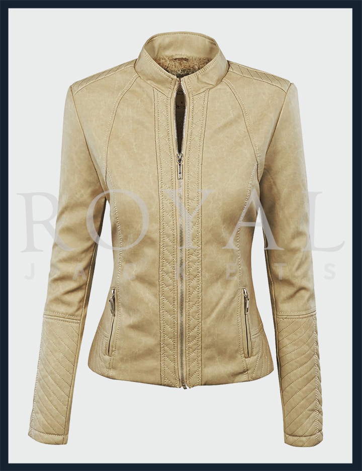 inner fleece moto leather jacket for women
