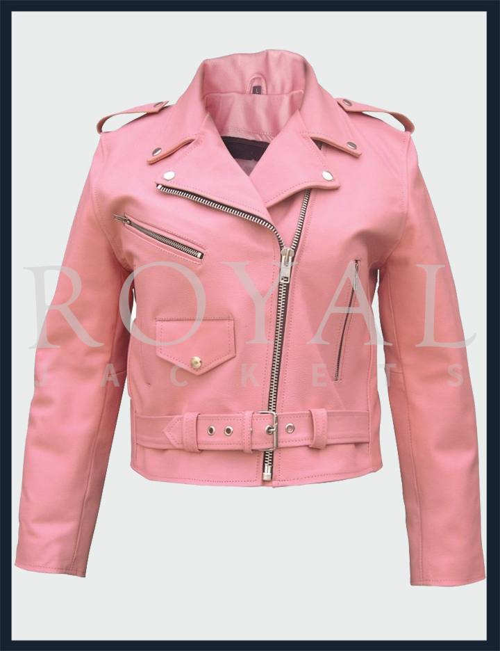  Pink  Motorcycle Leather Jacket  For Women