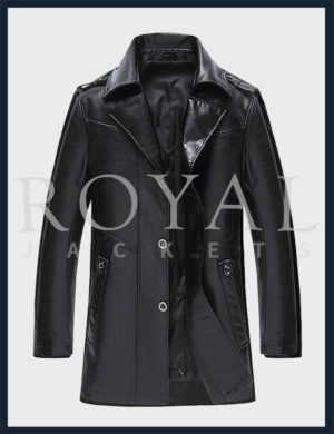 Mens Single Breasted Leather Jacket Long Trench