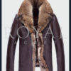 Mens Turn-Down Fur Collar Leather Coat