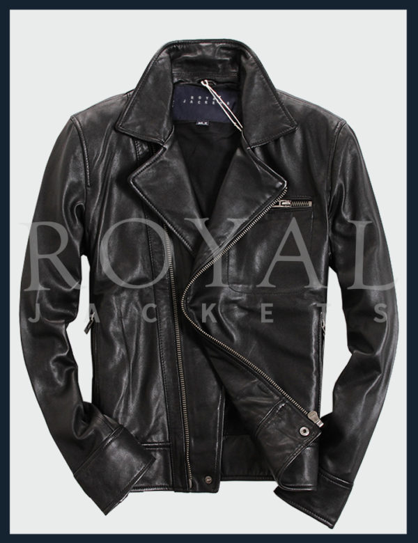 Black Diagonal zipper Motorcycle Leather Jacket For Men