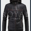 Black Hood motorcycle leather jacket For Men