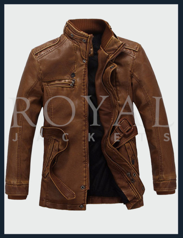 Washed Belted Motorcycle Leather Jacket For Men